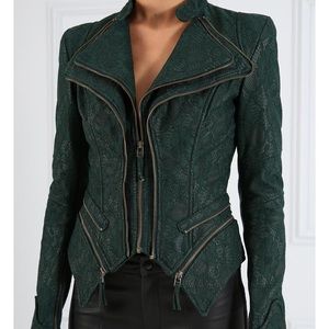 Women’s green bloom lace leatherette jacket